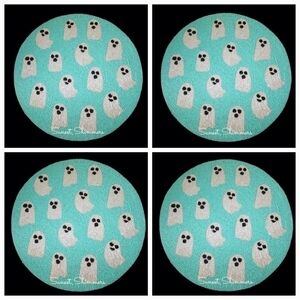 X4 Nicole Miller Halloween Beaded Turquoise Sparkly Ghost Placemat Chargers 15"